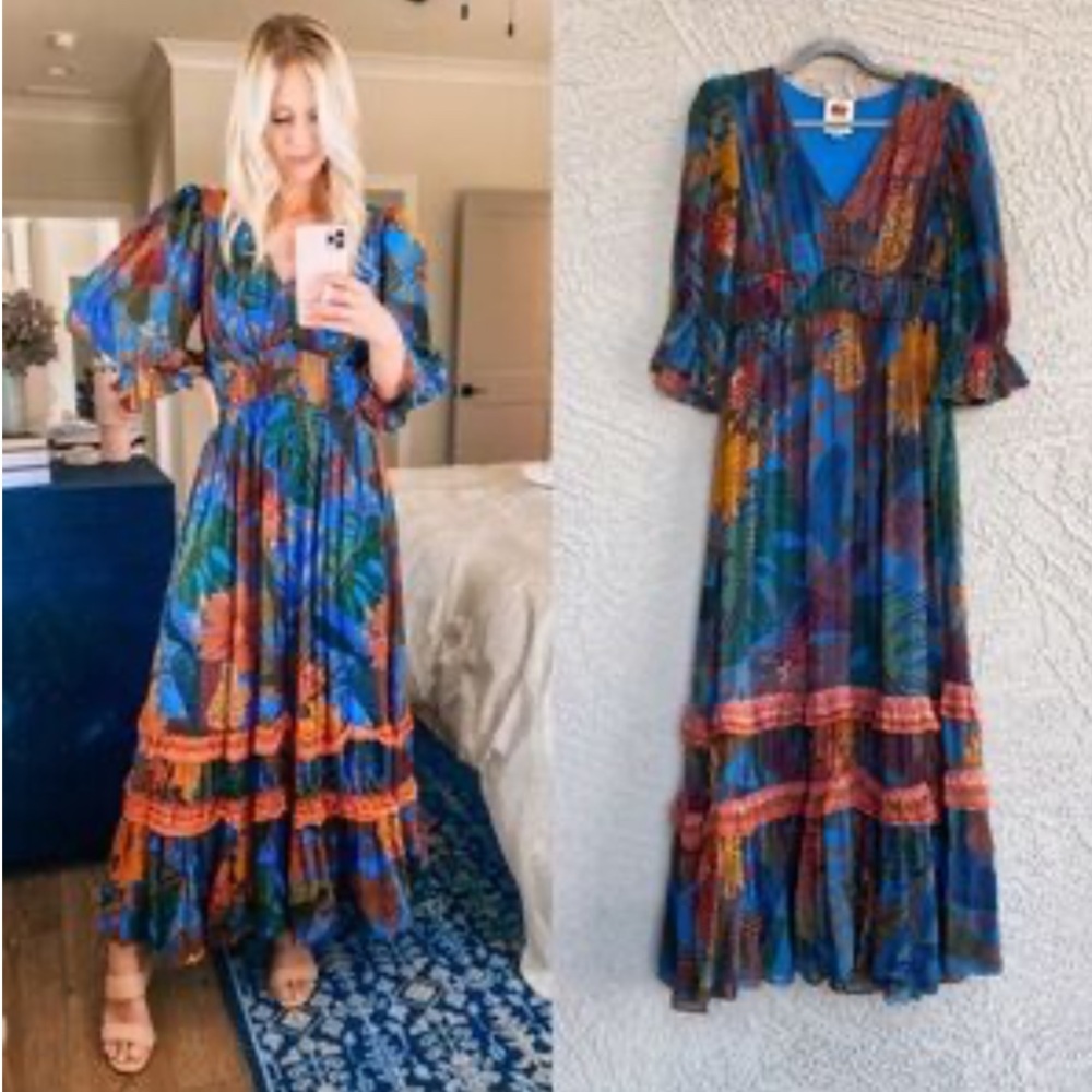 H21 Anthropologie Farm Rio Puff Sleeve Maxi Dress